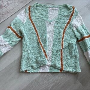 O'Neill Mint Green V-Neck Sweater with White and Rust Stripes